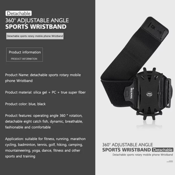 360 Degree Rotation Mobile Phone Holder Wearable Wristband Phone Case Adjustable Phone Wrist Bag Removable for Running Cycling