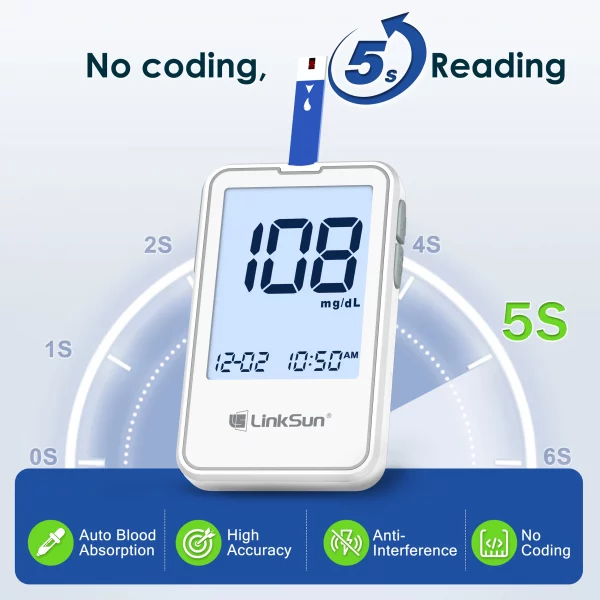G-425-2 LinkSun Blood Glucose Meter Glucometer Blood Sugar Test Strips Lancets 5s Get Results Fast Testing Kit Diabetes Machine